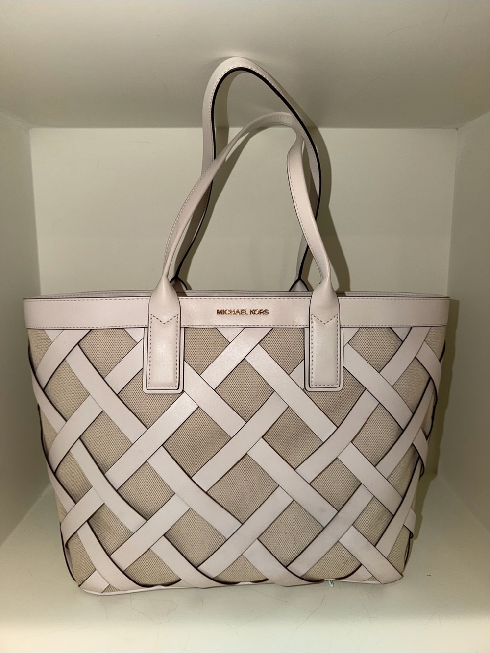 Michael Kors Pink and Beige Woven Tote
